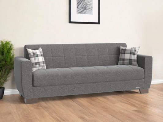 84" Gray Chenille Sleeper Sleeper Sofa And Toss Pillows With Brown Legs