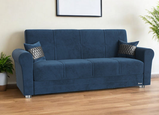 89" Blue Microfiber Sleeper Sleeper Sofa And Toss Pillows With Silver Legs