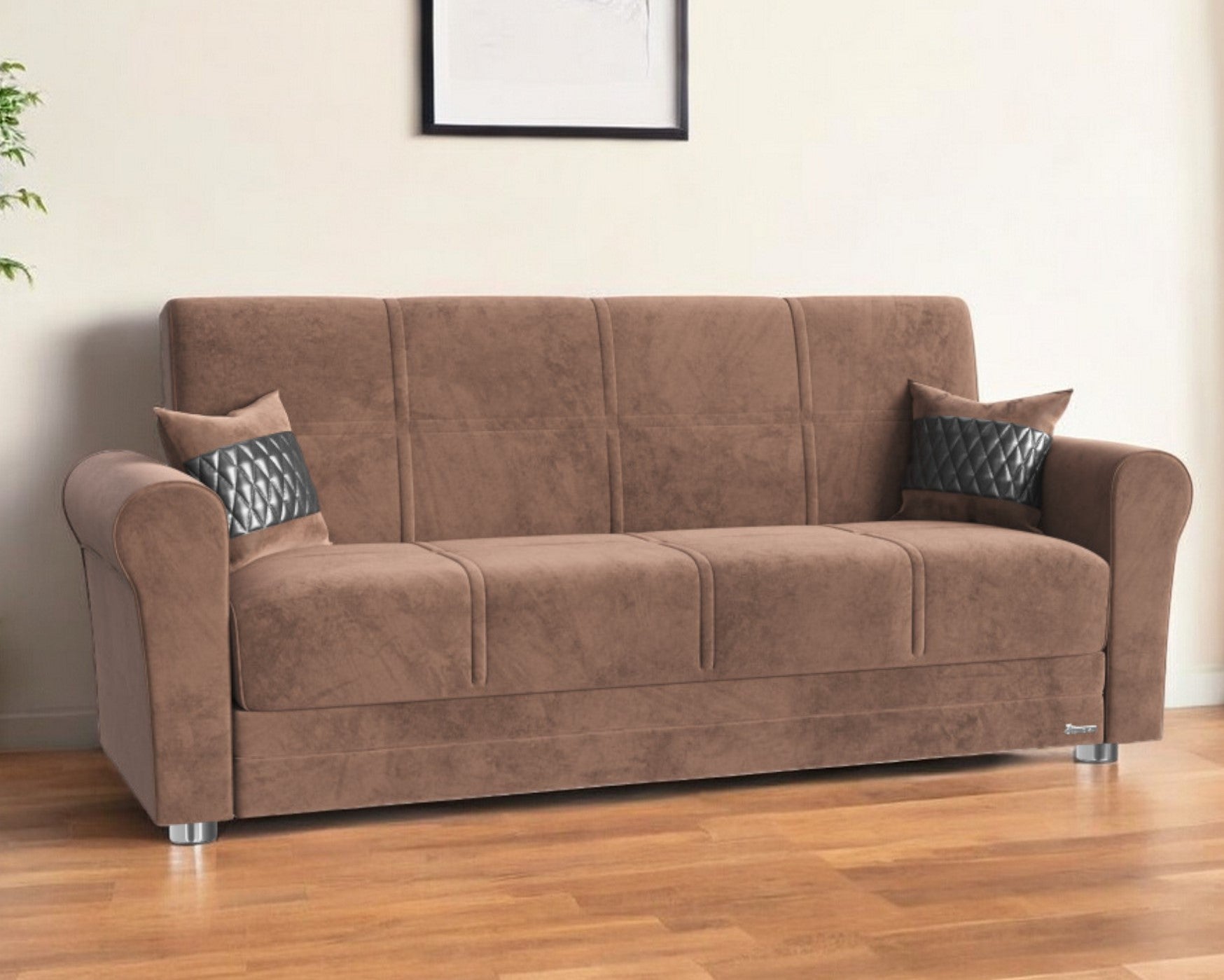 89" Brown Microfiber Sleeper Sleeper Sofa And Toss Pillows With Silver Legs