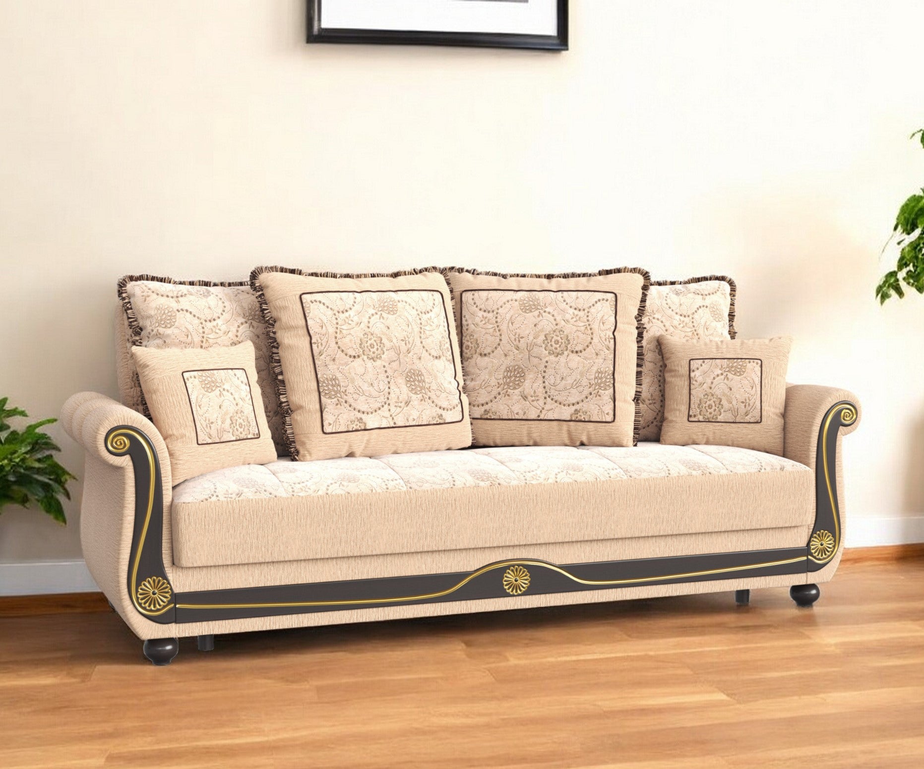 95" Beige Chenille Chesterfield Paisley Sleeper Sofa And Toss Pillows