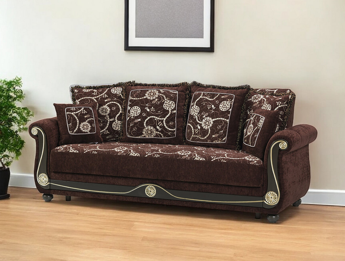 95" Brown Chenille Paisley Sleeper Sofa And Toss Pillows