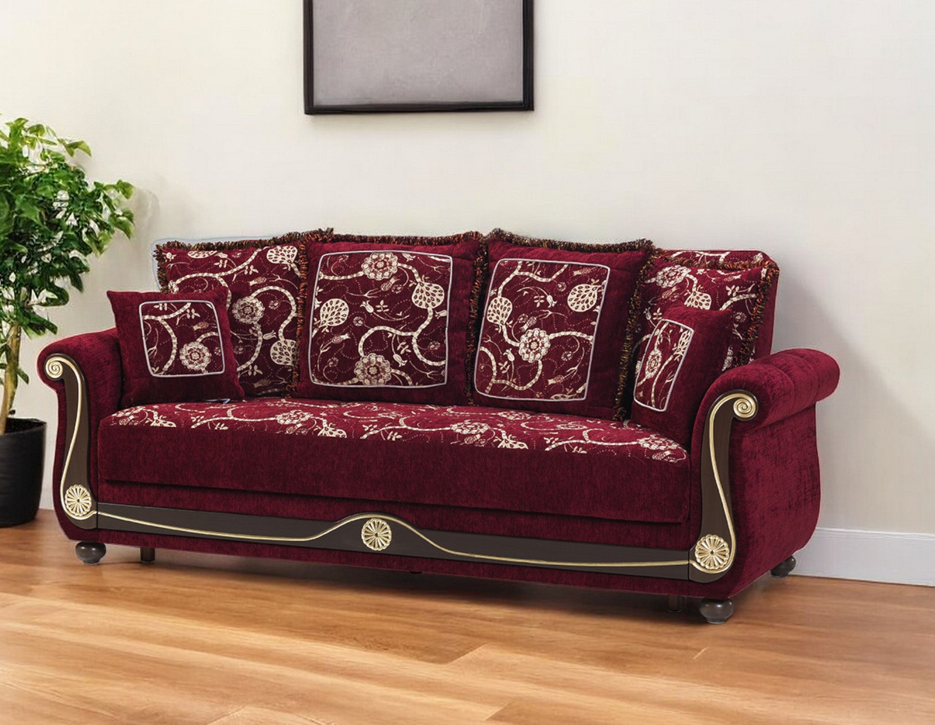 95" Burgundy Chenille Paisley Sleeper Sofa And Toss Pillows
