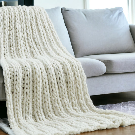 60" X 40" Cream Knitted Polyester Throw Blanket