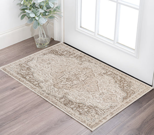 2' X 3' Gray and Light Cream Medallion Power Loom Area Rug