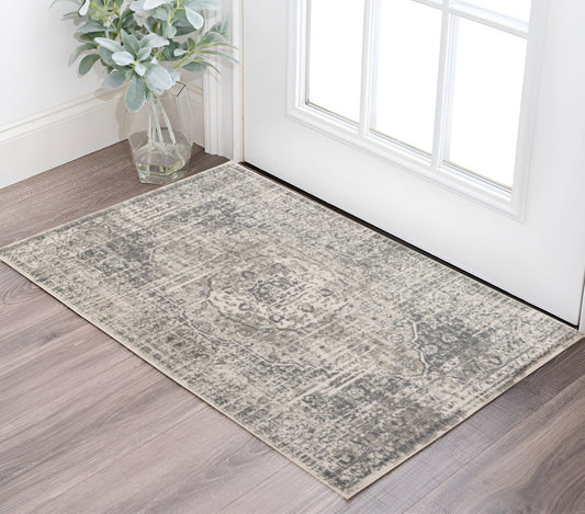 2' X 3' Medium Gray and Ivory Medallion Power Loom Area Rug