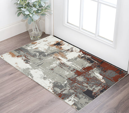 2' X 3' Ivory Gray and Rust Abstract Power Loom Area Rug