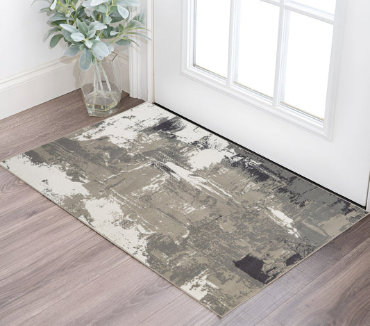 2' X 3' Ivory Black and Gray Abstract Power Loom Area Rug