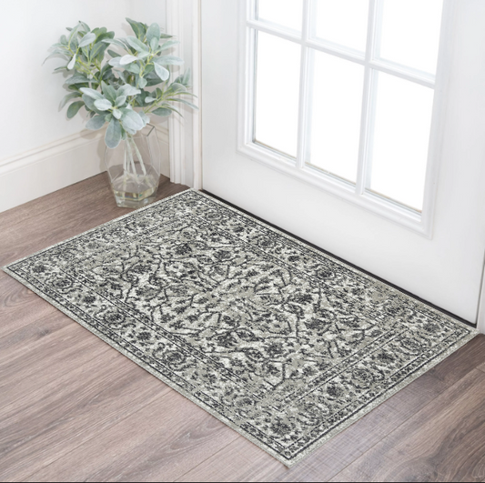 2' X 3' Gray and Dark Gray Floral Power Loom Area Rug