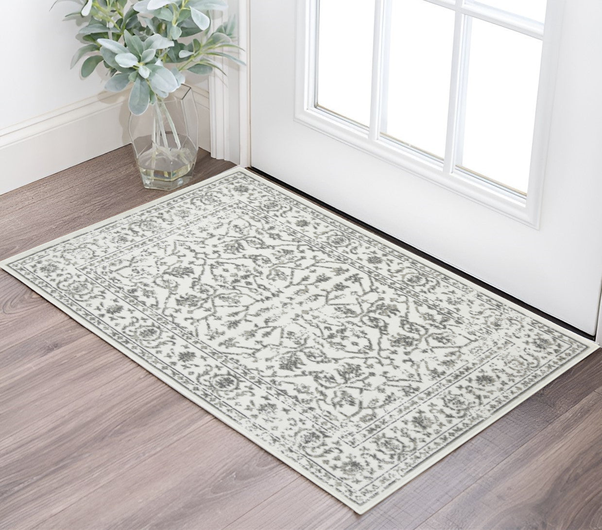 2' X 3' Gray and Light Gray Floral Power Loom Area Rug