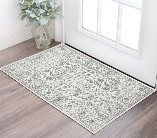 2' X 3' Gray and Light Gray Floral Power Loom Area Rug
