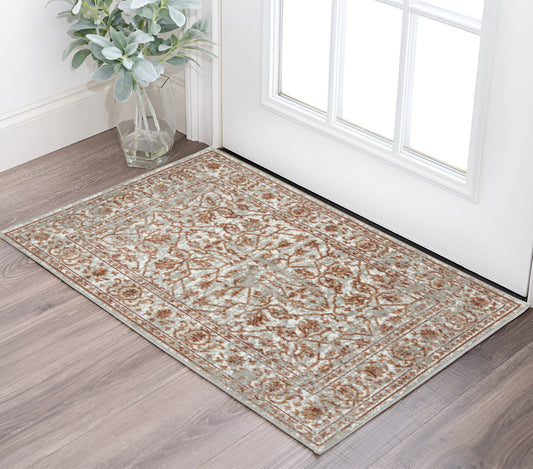 2' X 3' Rust and Gray Floral Power Loom Area Rug