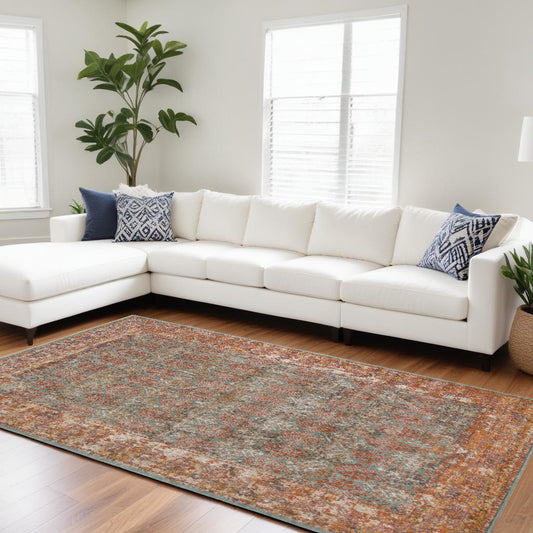 10' X 14' Teal and Orange Medallion Power Loom Worn Faded Area Rug