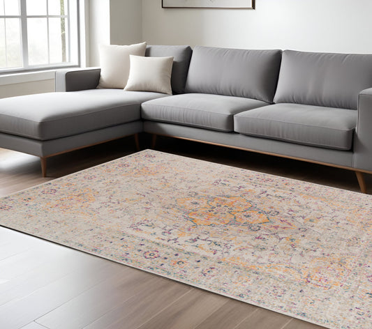 10' X 14' Ivory Navy and Yellow Oriental Power Loom Worn Faded Area Rug
