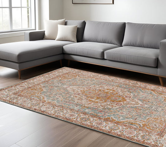10' X 14' Sea Blue and Orange Oriental Power Loom Area Rug