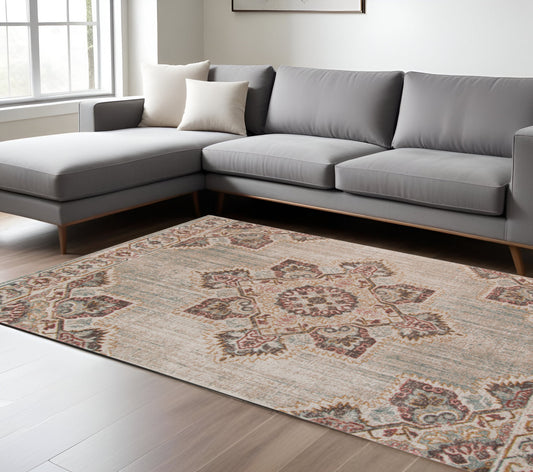 10' X 14' Beige and Rust Medallion Power Loom Area Rug