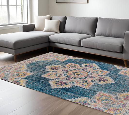 10' X 14' Yellow and Navy Medallion Power Loom Area Rug