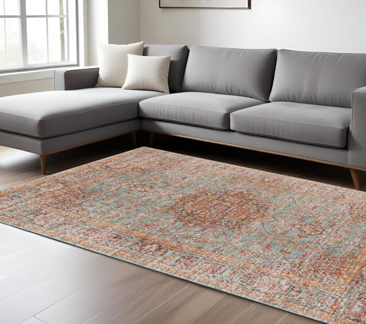 10' X 14' Teal Red and Orange Medallion Power Loom Area Rug