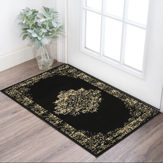 2' X 4' Tan and Black Medallion Distressed Non Skid Area Rug