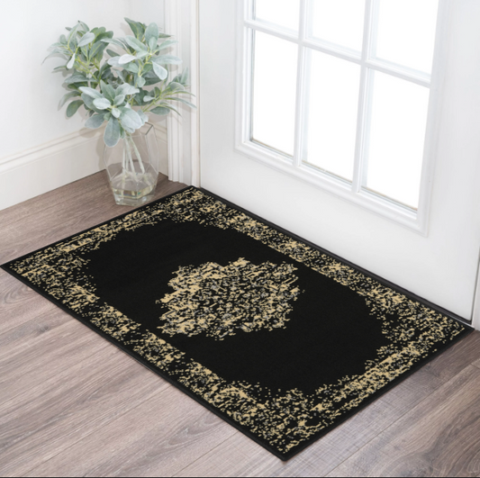 2' X 4' Tan and Black Medallion Distressed Non Skid Area Rug