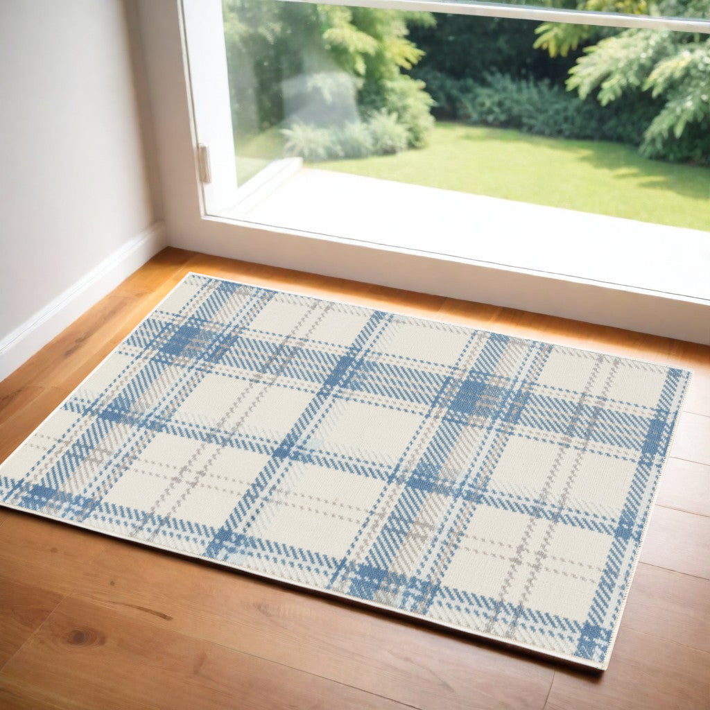 2' X 4' Blue and Ivory Plaid Power Loom Area Rug
