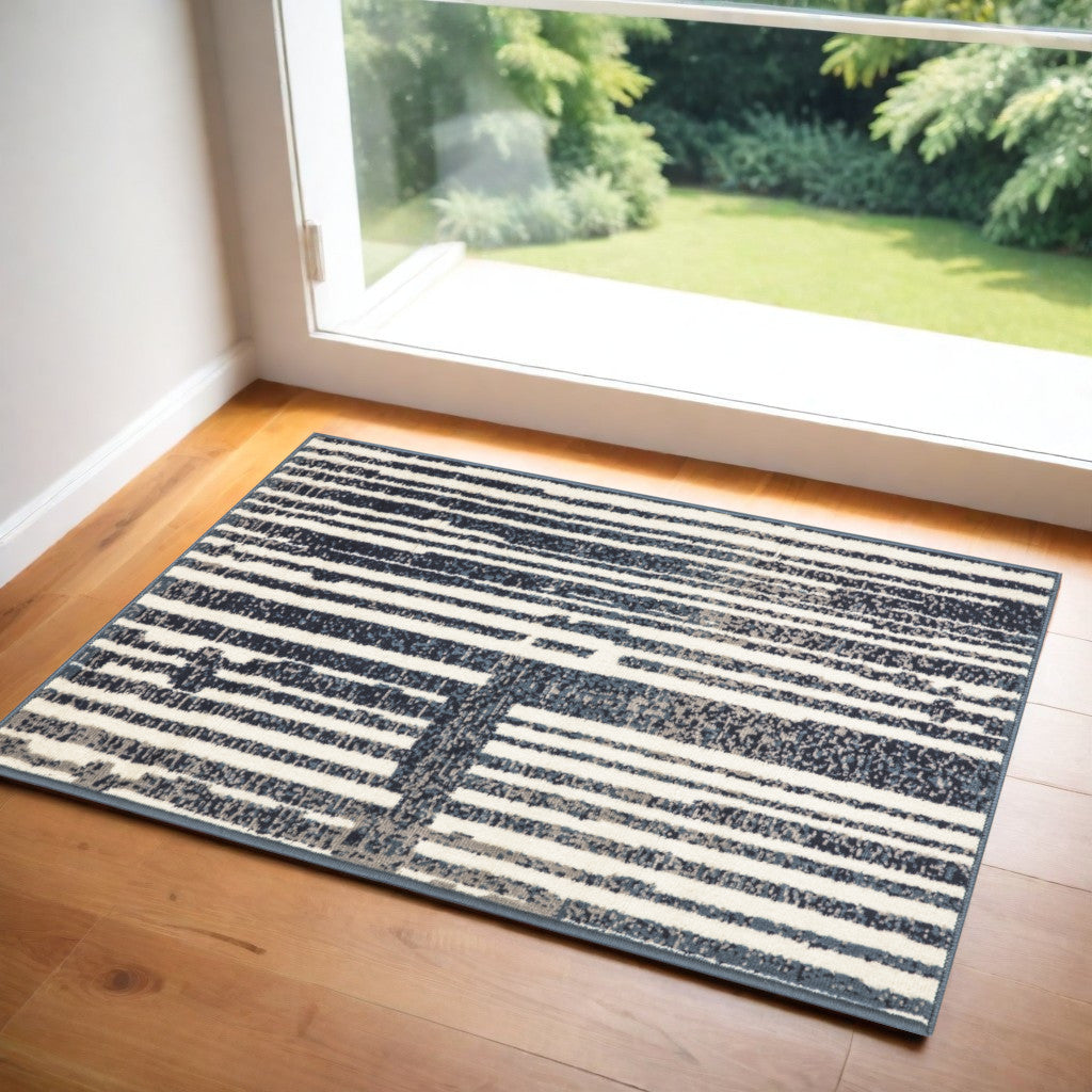 2' X 4' Blue and Gray Striped Power Loom Area Rug