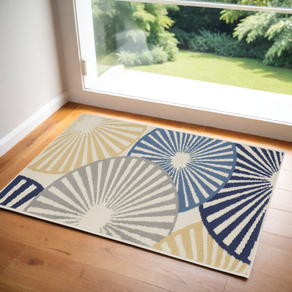 2' X 4' Blue and Beige Geometric Power Loom Area Rug
