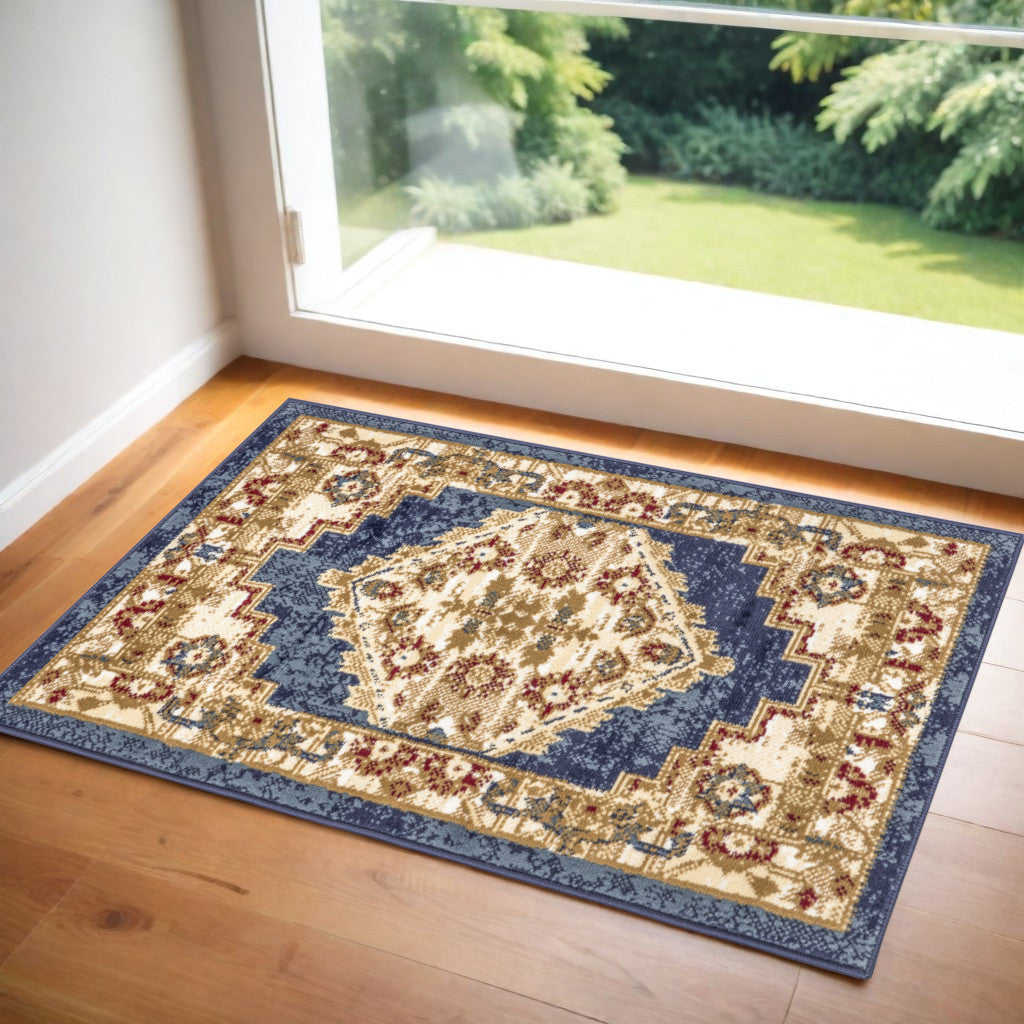 2' X 4' Blue and Gold Medallion Power Loom Distressed Area Rug