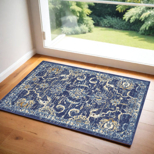 2' X 4' Blue and Gold Oriental Power Loom Area Rug
