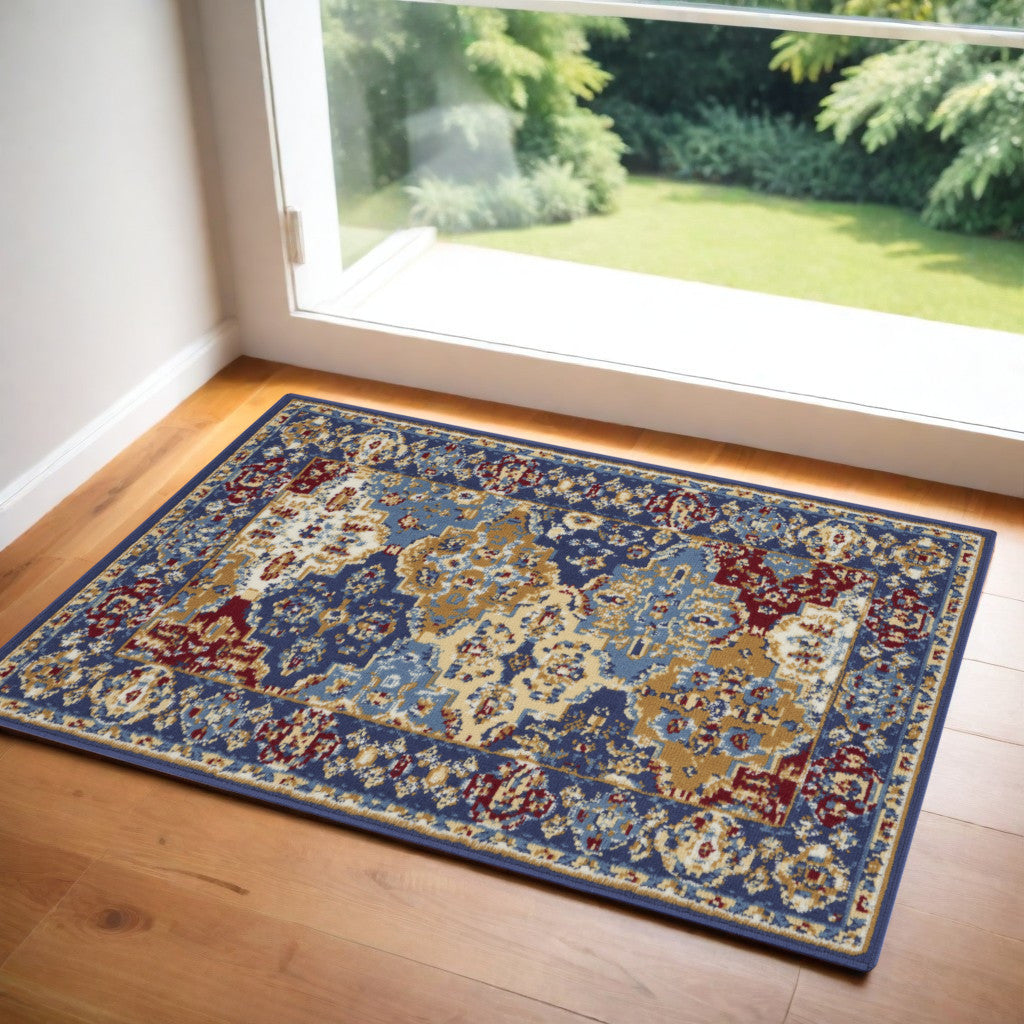 2' X 4' Red Blue and Light Brown Ogee Distressed Non Skid Area Rug