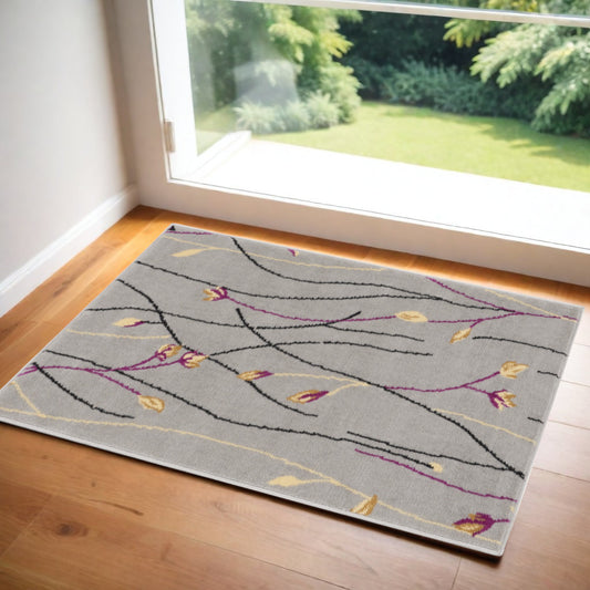 2' X 4' Gray and Pink Floral Power Loom Area Rug