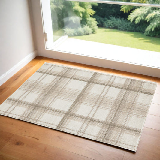 2' X 4' Beige and Ivory Plaid Power Loom Area Rug
