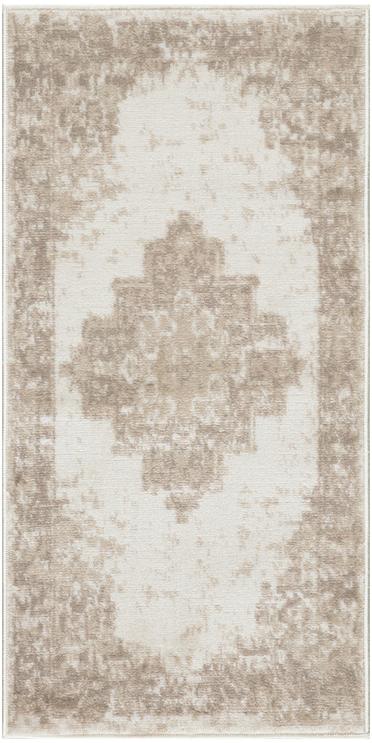 2' X 4' Beige and Ivory Medallion Power Loom Distressed Area Rug