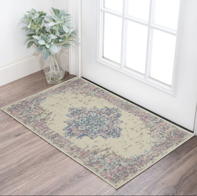 2' X 4' Ivory Pink and Blue Medallion Distressed Non Skid Area Rug