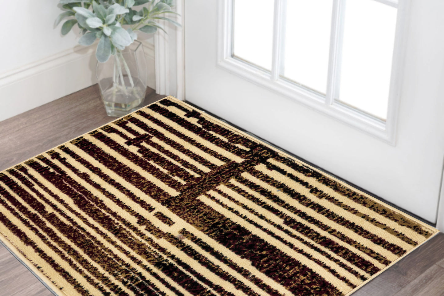 2' X 4' Tan Black and Red Striped Non Skid Area Rug