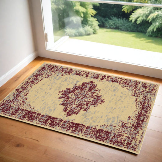 2' X 4' Cream Gray and Red Medallion Distressed Non Skid Area Rug