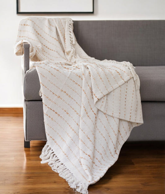 50" X 60" White And Brown Cotton Blend Woven Striped Throw Blanket with Fringe