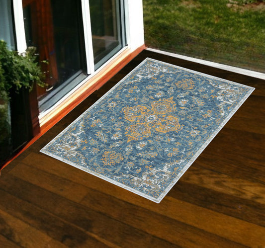 2' X 3' Blue and Ivory Medallion Stain Resistant Indoor Outdoor Area Rug