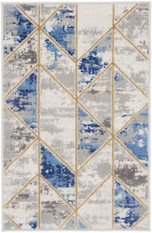 2' X 3' Ivory Blue and Gray Geometric Non Skid Area Rug