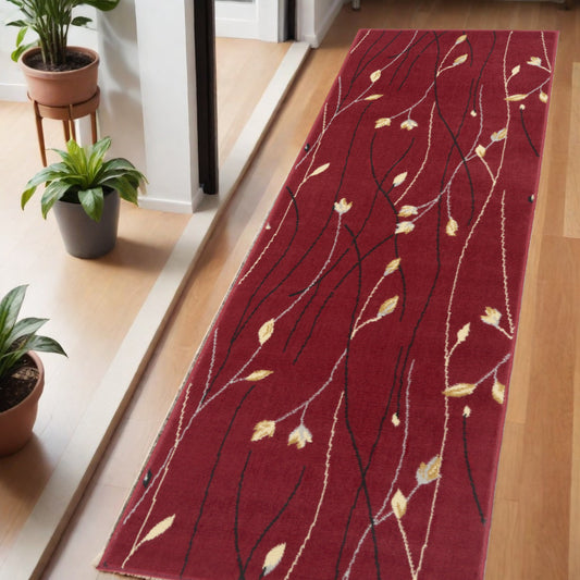 6' Runner Red and Ivory Floral Vines Power Loom Area Rug