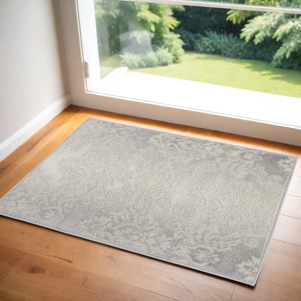 2' X 3' Ivory and Gray Damask Distressed Non Skid Area Rug