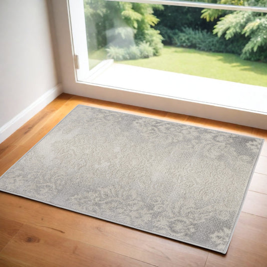 2' X 3' Ivory and Gray Damask Distressed Non Skid Area Rug