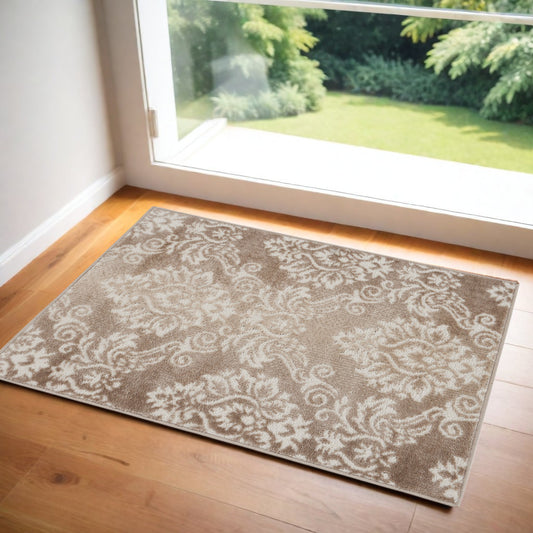 2' X 3' Ivory and Brown Damask Distressed Non Skid Area Rug