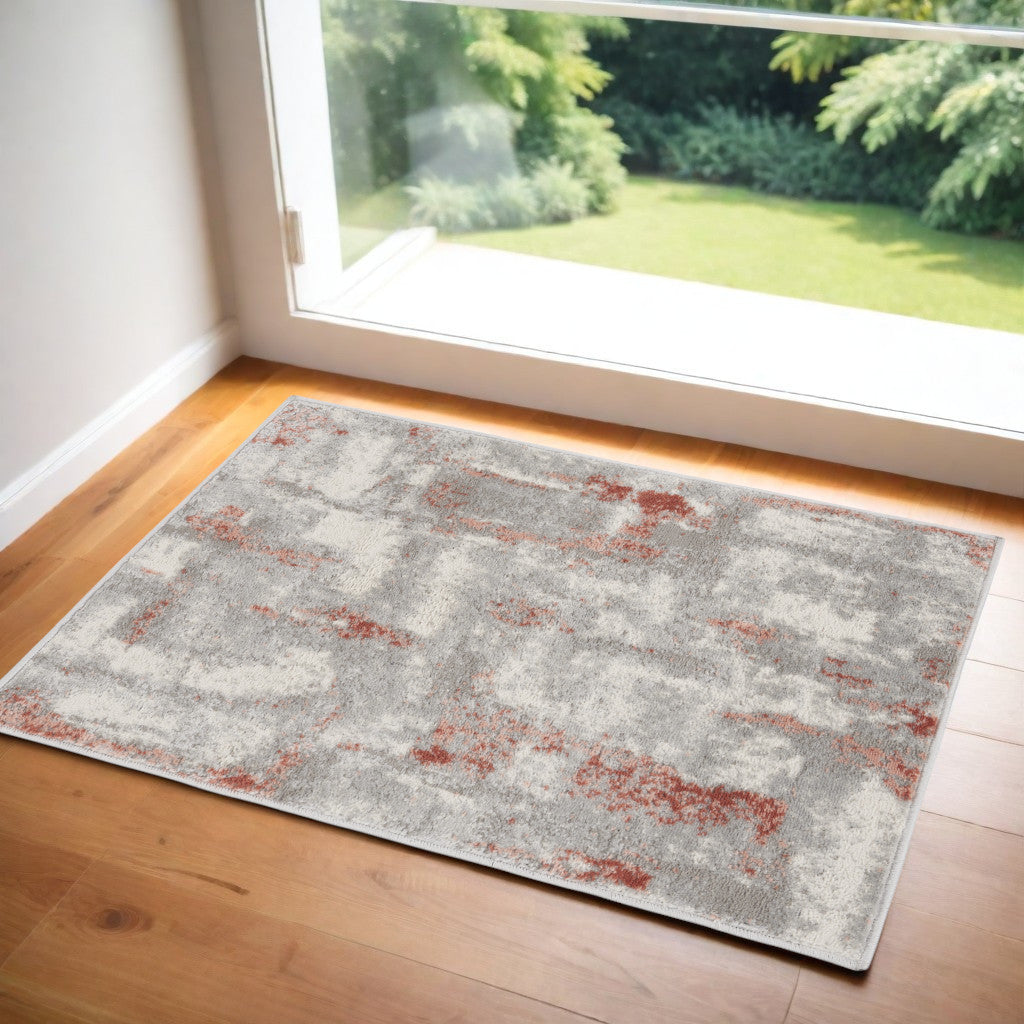 2' X 3' Gray and Red Abstract Non Skid Area Rug