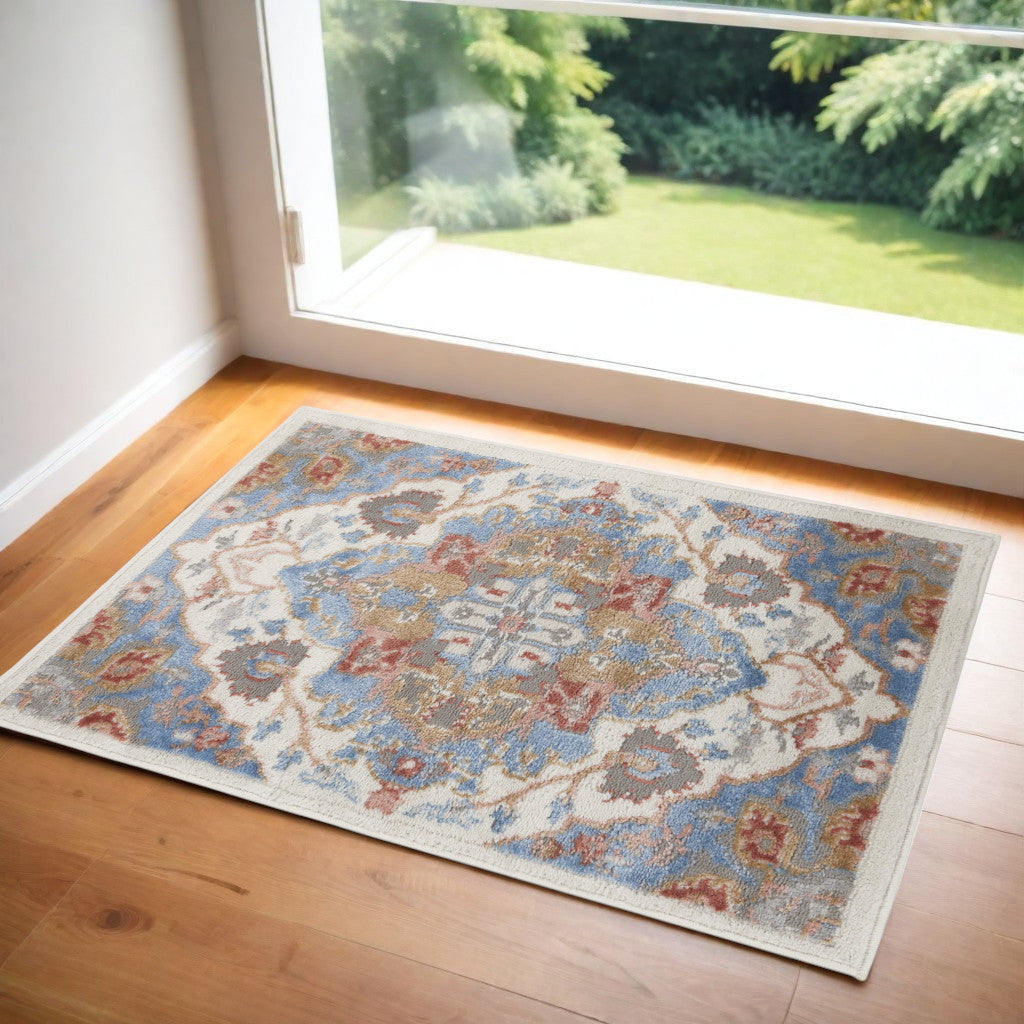 2' X 3' Ivory Blue and Orange Floral Non Skid Area Rug