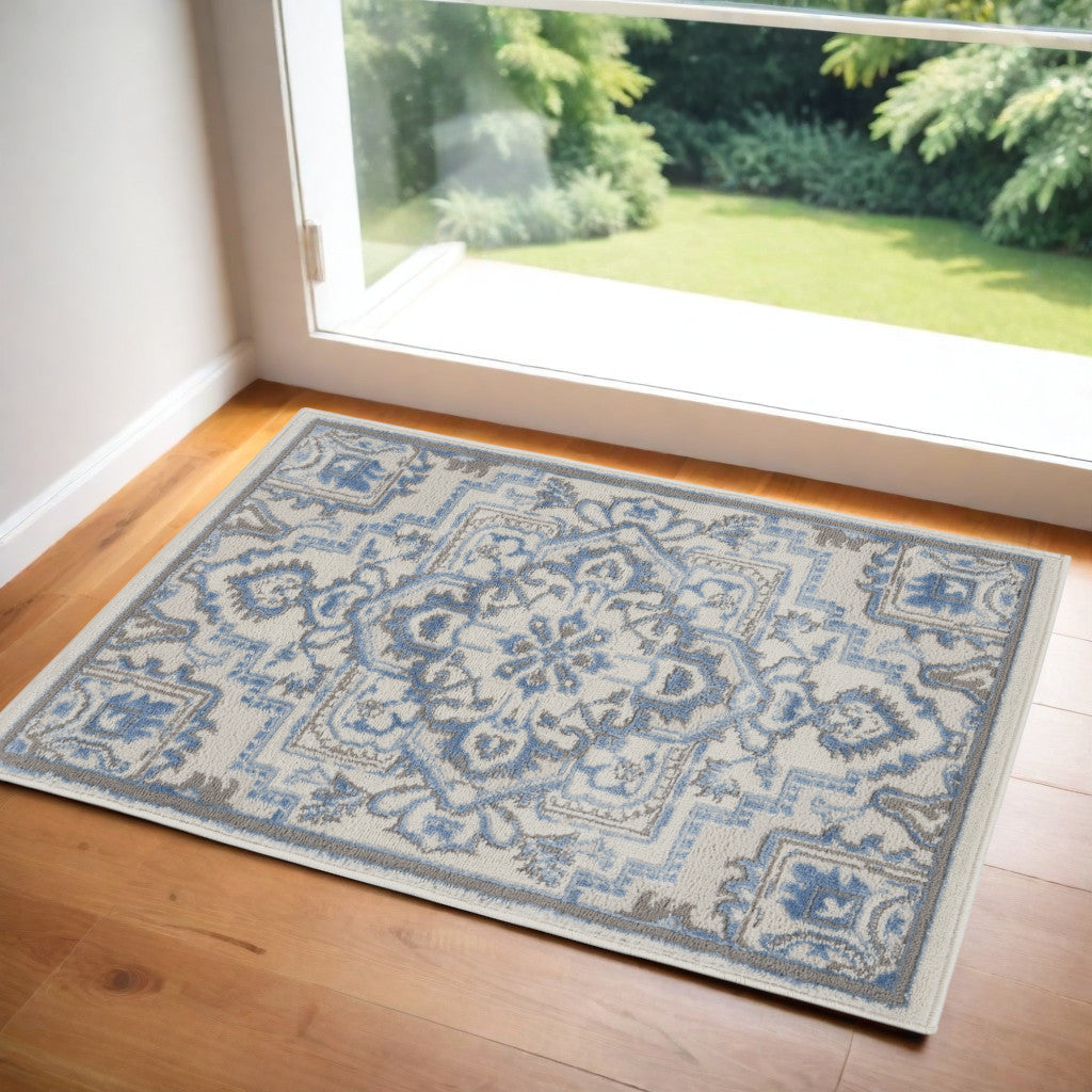 2' X 3' Ivory Blue and Gray Floral Non Skid Area Rug