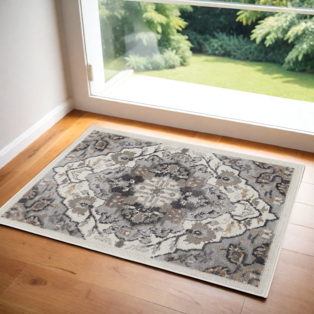 2' X 3' Ivory Black and Gray Floral Non Skid Area Rug