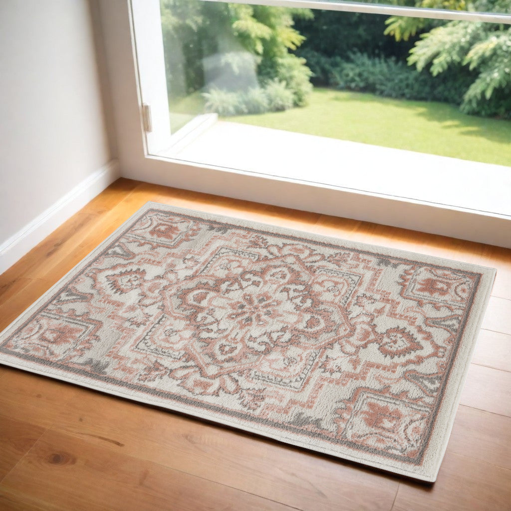 2' X 3' Ivory and Red Floral Non Skid Area Rug