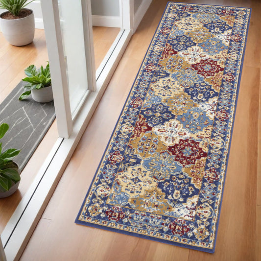 6' Ivory Red and Blue Ogee Distressed Non Skid Runner Rug