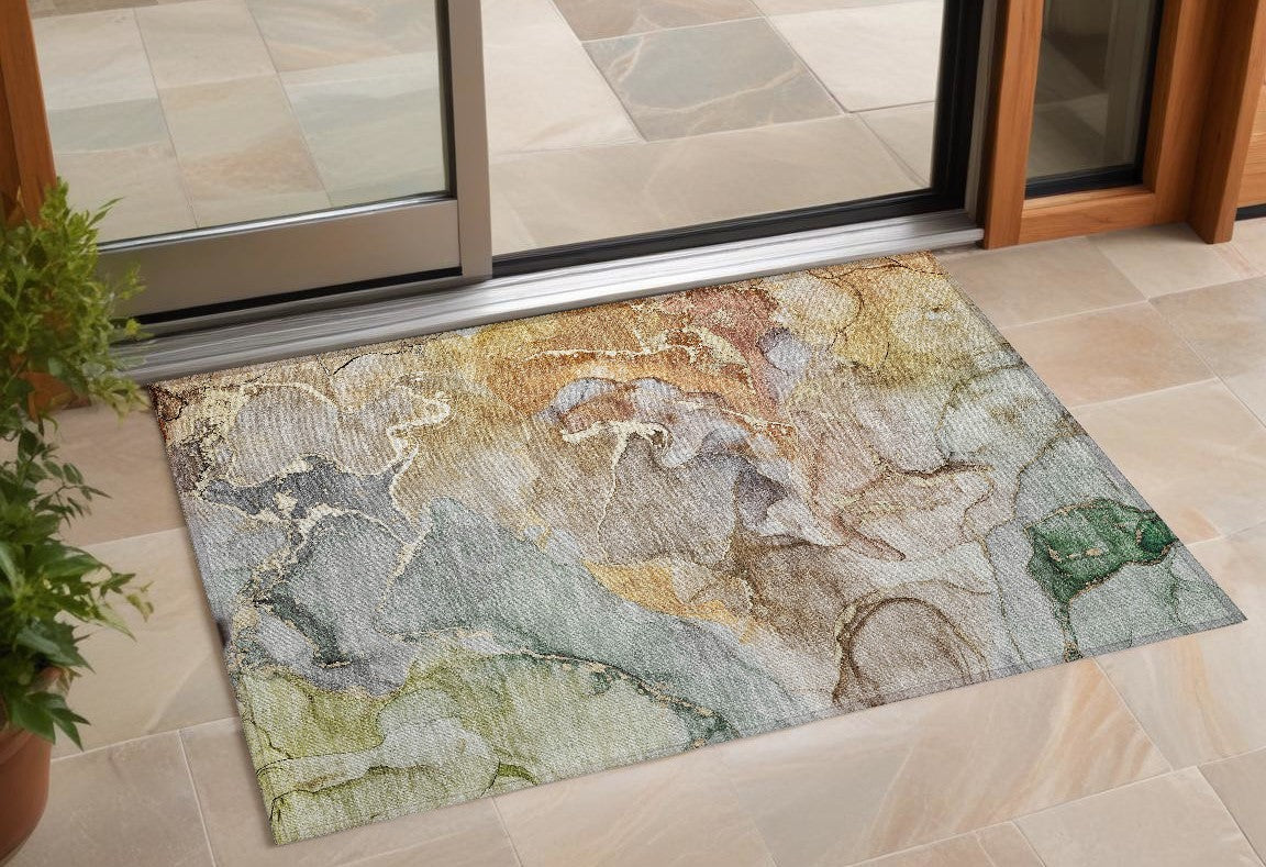 2' X 3' Gray and Gold Abstract Washable Non Skid Indoor Outdoor Area Rug