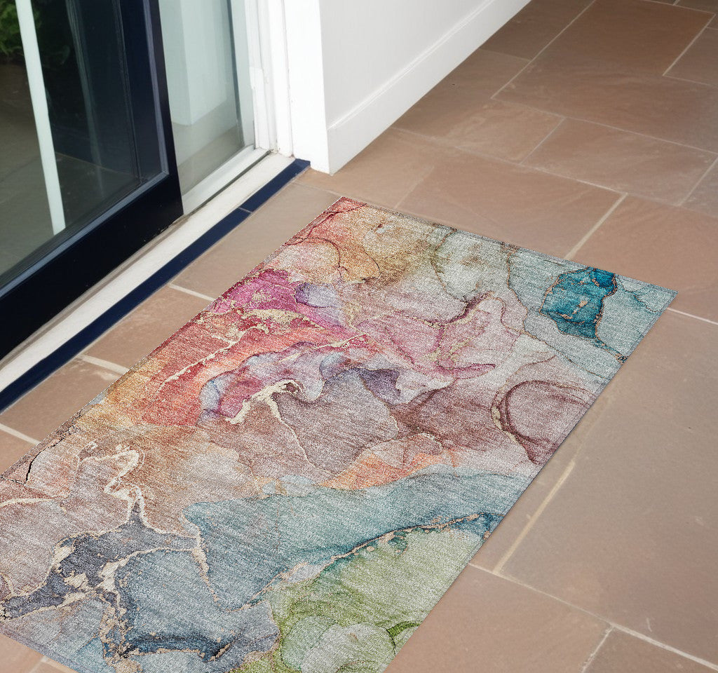 2' X 3' Blue Abstract Washable Non Skid Indoor Outdoor Area Rug